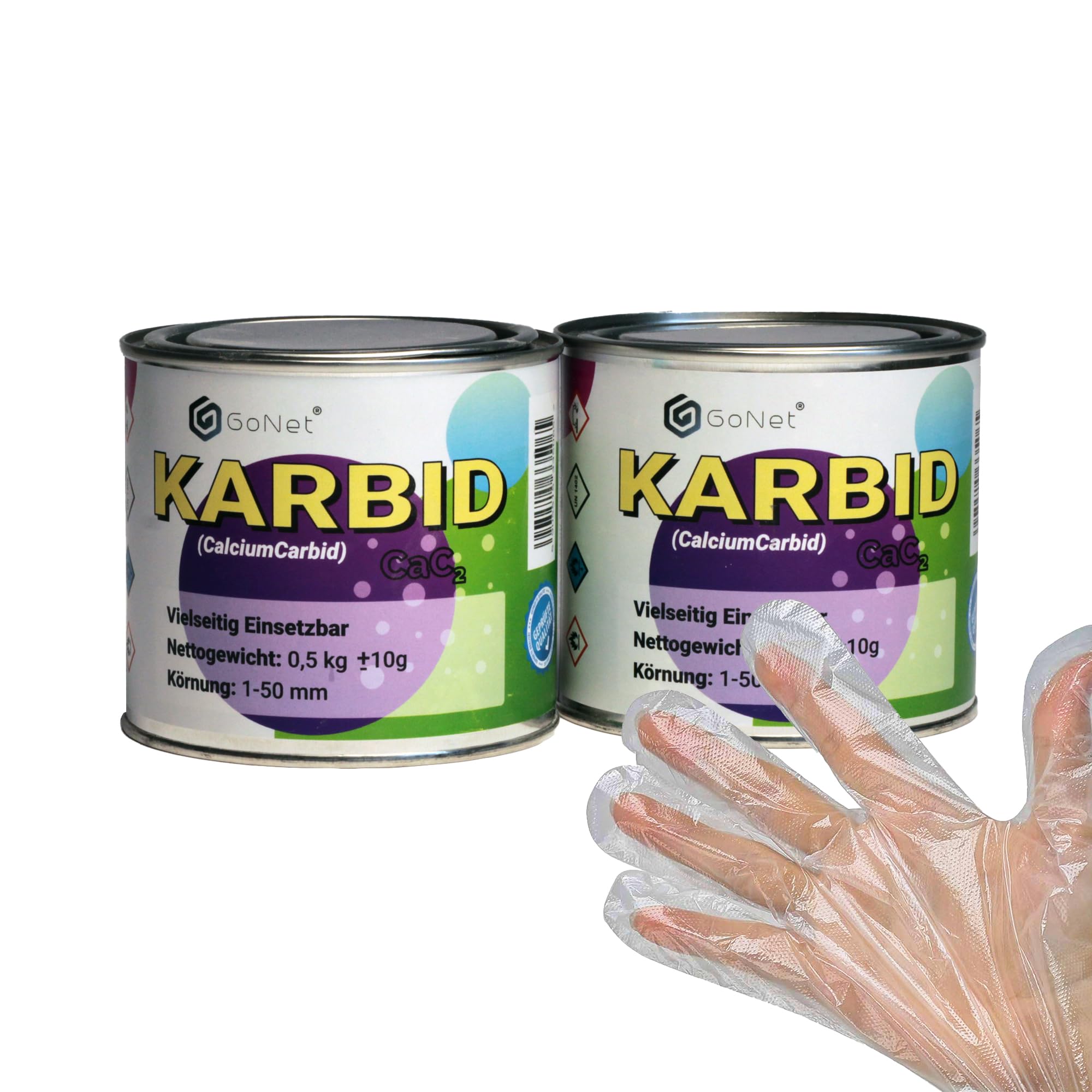 Karbid Calciumcarbid Granulat 1-50 mm für Acetylen Gas - 1kg Set mit Einmalhandschuhen (2x 500g Dosen)